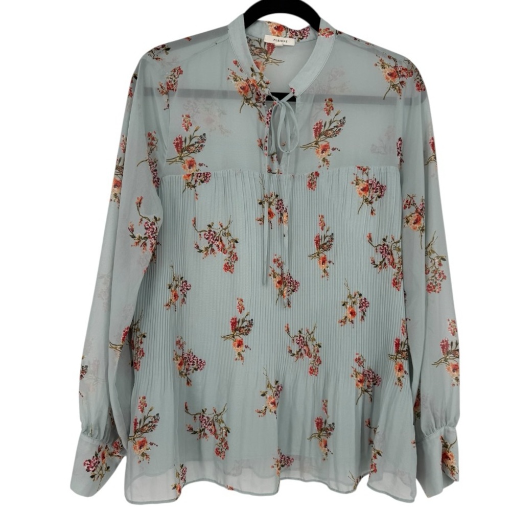 Pleione Womens Floral Pleated Chiffon Tie Neck‎ Blouse Blue Size Large Feminine